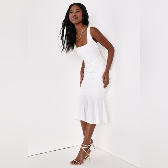 Lulus-Moment Maker White Square Neck Trumpet Midi Dress - Picture 3 of 5